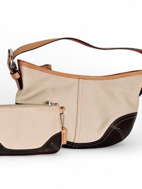 “Coach Canvas Leather Shoulder Bag + Matching Wristlet Brown Cream Red Lining Pu